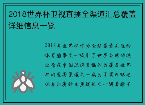 2018世界杯卫视直播全渠道汇总覆盖详细信息一览